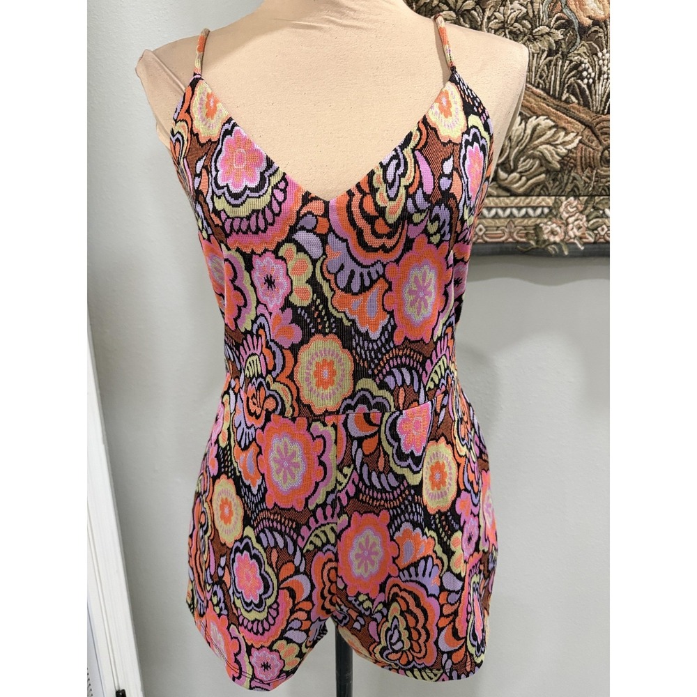 Zara Romper Womens Medium Multicolor Floral V Neck Knit Sleeveless Party